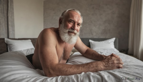 solo,looking at viewer,1boy,white hair,male focus,lying,indoors,pillow,bed,muscular,bed sheet,facial hair,on bed,on stomach,beard,topless male,mature male,realistic,mustache,old,chest hair,old man,arm hair,wrinkled skin,nipples,upper body,scar,parody,own hands together,manly,under covers