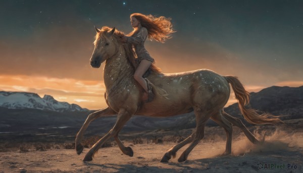 1girl,solo,long hair,smile,skirt,brown hair,long sleeves,closed eyes,boots,outdoors,sky,shoes,black footwear,from side,bare legs,profile,night,floating hair,animal,wind,star (sky),night sky,scenery,starry sky,sunset,mountain,riding,wide shot,horse,evening,desert,horseback riding,shirt,dress,closed mouth,school uniform,white shirt,socks,cloud,signature,black skirt,orange hair,brown footwear,grey shirt,mountainous horizon,centaur,saddle