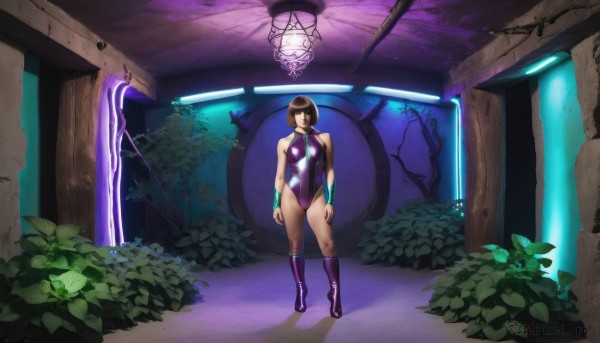 1girl,solo,breasts,short hair,brown hair,black hair,bare shoulders,medium breasts,standing,full body,boots,leotard,glowing,knee boots,plant,science fiction,purple footwear,purple leotard,brown eyes,swimsuit,closed eyes,bob cut,ruins