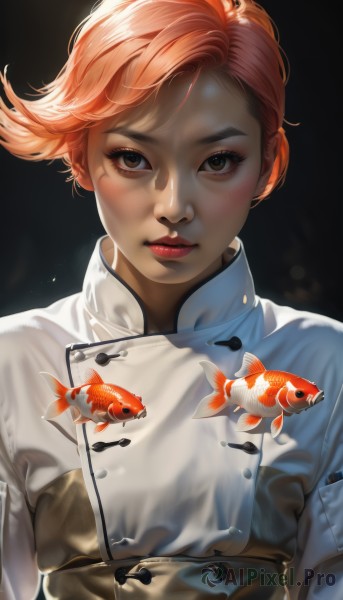 1girl,solo,looking at viewer,short hair,bangs,simple background,shirt,brown eyes,white shirt,upper body,parted lips,orange hair,lips,eyelashes,makeup,buttons,floating hair,lipstick,black background,fish,realistic,nose,red lips,goldfish,koi,blush,red hair,piercing,freckles,fish print