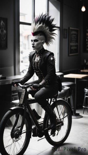 1girl,solo,breasts,blonde hair,black hair,gloves,long sleeves,1boy,cleavage,jewelry,sitting,jacket,monochrome,full body,male focus,multicolored hair,earrings,boots,black gloves,pants,indoors,fingerless gloves,necklace,black footwear,blurry,two-tone hair,streaked hair,window,makeup,piercing,lipstick,spiked hair,ground vehicle,ear piercing,spot color,riding,leather,stool,bicycle,leather jacket,mohawk,black lips,white hair,greyscale,horns,dark skin,collar,tattoo,black nails,single horn,spikes,spiked collar,chalkboard,poster (object)