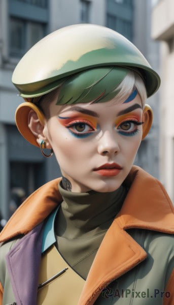 1girl,solo,looking at viewer,short hair,hat,brown eyes,jewelry,closed mouth,jacket,upper body,white hair,multicolored hair,earrings,green hair,artist name,mole,blurry,two-tone hair,sweater,lips,eyelashes,mole under eye,tattoo,makeup,blurry background,turtleneck,beret,white headwear,thick eyebrows,lipstick,portrait,eyeshadow,hoop earrings,turtleneck sweater,nose,green headwear,eyeliner,mascara,bangs,outdoors,signature,building,brown jacket,realistic,red lips,facial tattoo,orange jacket,neck tattoo