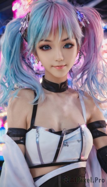 1girl,solo,long hair,breasts,looking at viewer,smile,bangs,blue eyes,hair ornament,cleavage,bare shoulders,twintails,jewelry,medium breasts,closed mouth,blue hair,collarbone,upper body,pink hair,multicolored hair,earrings,small breasts,parted lips,choker,two-tone hair,lips,crop top,eyelashes,makeup,black choker,piercing,eyeshadow,pink lips,realistic,nose,arm strap,mascara,detached sleeves,artist name,gradient hair,detached collar,lipstick,zipper