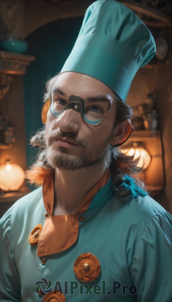 solo,looking at viewer,blue eyes,brown hair,1boy,hat,closed mouth,upper body,white hair,male focus,indoors,signature,blurry,buttons,blurry background,facial hair,beard,realistic,nose,mustache,manly,monocle,chef hat,chef,shirt,glasses,artist name,lips,cosplay,depth of field,blue headwear,curly hair,light,lamp,light bulb