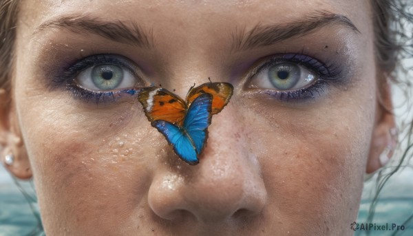 solo, looking at viewer, brown hair, 1boy, jewelry, green eyes, male focus, earrings, mole, eyelashes, mole under eye, piercing, bug, butterfly, portrait, close-up, freckles, realistic, eye focus, mole on cheek