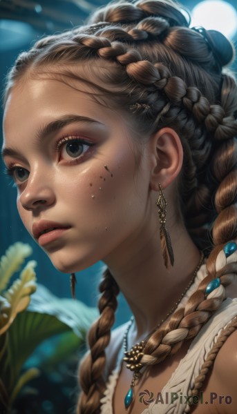 1girl,solo,long hair,brown hair,hair ornament,jewelry,upper body,braid,flower,earrings,parted lips,artist name,dark skin,necklace,blurry,twin braids,dark-skinned female,lips,grey eyes,eyelashes,depth of field,blurry background,feathers,portrait,close-up,freckles,realistic,nose,tooth necklace,multiple braids,black hair,brown eyes,outdoors,black eyes,night,moon,full moon,facepaint,dreadlocks