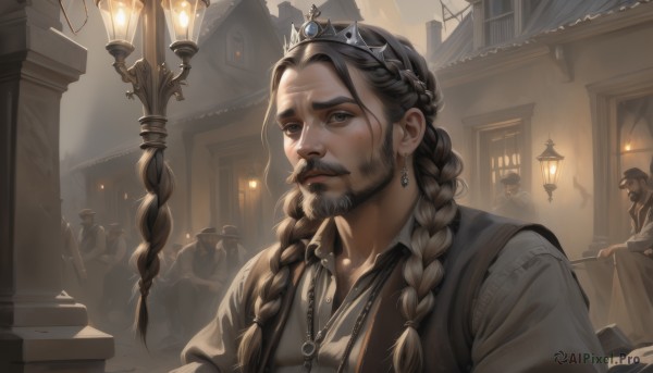 long hair,brown hair,shirt,black hair,1boy,brown eyes,jewelry,sitting,white shirt,upper body,braid,male focus,earrings,multiple boys,solo focus,collared shirt,artist name,indoors,necklace,vest,twin braids,facial hair,watermark,thick eyebrows,tiara,crown,building,hair over shoulder,beard,pendant,6+boys,lantern,mustache,lamp,brown vest,statue,1girl,looking at viewer,hat,outdoors,parted lips,lips,realistic