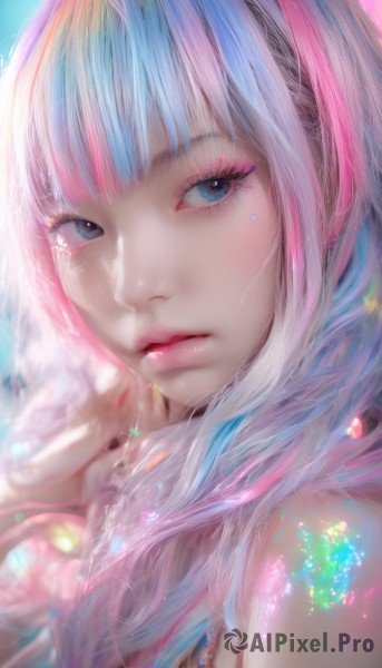 1girl,solo,long hair,looking at viewer,bangs,blue eyes,bare shoulders,closed mouth,blue hair,upper body,pink hair,multicolored hair,blunt bangs,nail polish,blurry,lips,eyelashes,makeup,lipstick,portrait,close-up,eyeshadow,pink lips,realistic,nose,red lips,mascara,jewelry,white hair,necklace,streaked hair,looking to the side,sparkle,light particles