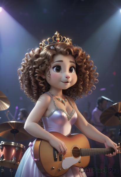 1girl,solo,long hair,breasts,blush,smile,brown hair,dress,holding,cleavage,bare shoulders,brown eyes,jewelry,standing,cowboy shot,earrings,small breasts,sleeveless,solo focus,signature,necklace,white dress,lips,bare arms,tiara,crown,instrument,pink dress,curly hair,music,guitar,confetti,playing instrument,holding instrument,electric guitar,crowd,drum,spotlight,drumsticks,stage lights,plectrum,drum set,concert,hair ornament,multiple boys,gem,light rays,afro