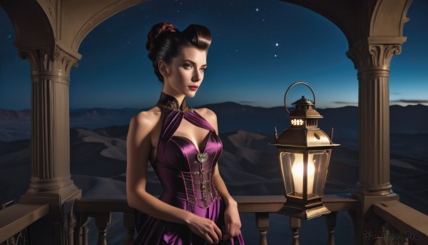 1girl,solo,breasts,looking at viewer,short hair,black hair,hair ornament,dress,cleavage,bare shoulders,brown eyes,medium breasts,small breasts,outdoors,sky,sleeveless,hair bun,lips,clothing cutout,makeup,night,halterneck,cleavage cutout,single hair bun,lipstick,star (sky),night sky,purple dress,starry sky,lantern,mountain,railing,red lips,hair up,pillar,jewelry,realistic