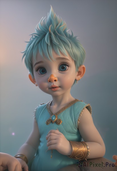 solo,looking at viewer,short hair,blue eyes,shirt,1boy,jewelry,blue hair,upper body,male focus,parted lips,sleeveless,solo focus,bracelet,lips,child,freckles,realistic,nose,male child,1girl,earrings,green hair,holding hands,bird,pov,aged down,out of frame