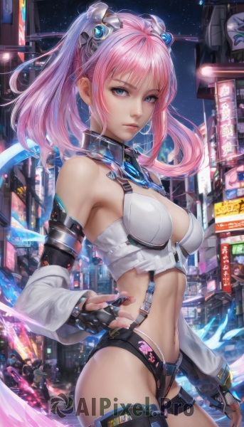 1girl,solo,long hair,breasts,looking at viewer,bangs,blue eyes,hair ornament,thighhighs,gloves,navel,cleavage,bare shoulders,twintails,medium breasts,standing,pink hair,cowboy shot,outdoors,detached sleeves,sky,shorts,black gloves,midriff,shiny,fingerless gloves,nail polish,lips,crop top,short shorts,thigh strap,detached collar,night,headgear,building,science fiction,city,jewelry,closed mouth,ponytail,sidelocks,thighs,earrings,armpits,from side,shiny skin,suspenders,ground vehicle,star (sky),night sky,motor vehicle,starry sky,car,neon lights,holographic interface