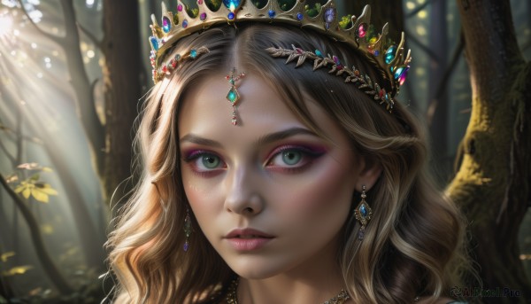 1girl,solo,long hair,looking at viewer,blonde hair,brown hair,hair ornament,jewelry,closed mouth,green eyes,earrings,outdoors,parted lips,day,artist name,necklace,blurry,tree,lips,eyelashes,makeup,depth of field,blurry background,leaf,watermark,wavy hair,sunlight,tiara,crown,lipstick,gem,portrait,nature,web address,eyeshadow,forest,freckles,light rays,realistic,nose,red lips,eyeliner,dappled sunlight,mascara,close-up,gold