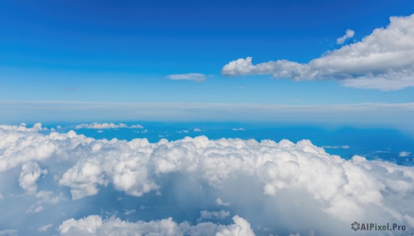 monochrome,outdoors,sky,day,cloud,water,blue sky,no humans,ocean,cloudy sky,scenery,blue theme,horizon,above clouds