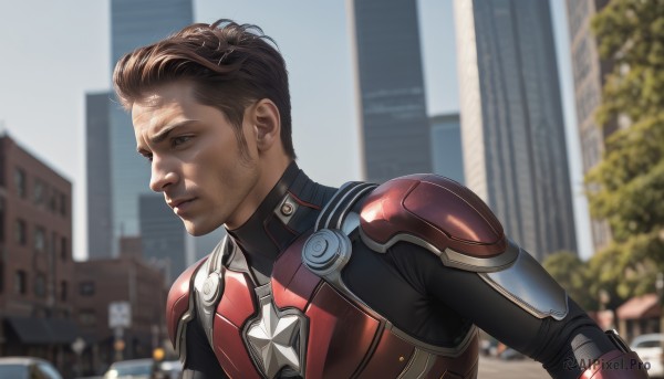 solo,short hair,brown hair,1boy,brown eyes,upper body,male focus,outdoors,parted lips,day,armor,blurry,tree,lips,looking to the side,bodysuit,blurry background,facial hair,building,city,realistic,stubble,superhero,closed mouth,ground vehicle,motor vehicle,car,red bodysuit,power armor,no mask