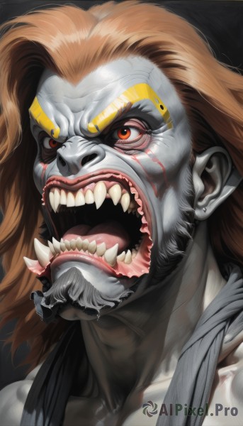 solo,long hair,open mouth,brown hair,red eyes,1boy,collarbone,male focus,teeth,tongue,orange hair,colored skin,facial hair,fangs,sharp teeth,portrait,beard,facepaint,grey skin,horror (theme),orange eyes,muscular,scar,angry,veins,realistic