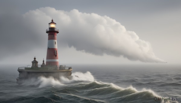 outdoors,sky,cloud,water,military,no humans,ocean,scenery,turret,aircraft,military vehicle,watercraft,vehicle focus,ship,waves,smokestack,world war ii,warship,cloudy sky,mountain,tower,fog,lighthouse