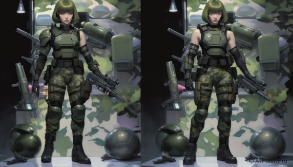 1girl,looking at viewer,short hair,bangs,gloves,holding,green eyes,standing,full body,weapon,boots,green hair,sleeveless,black gloves,elbow gloves,pants,blunt bangs,fingerless gloves,black footwear,holding weapon,armor,uniform,gun,military,military uniform,multiple views,bob cut,helmet,holding gun,rifle,handgun,dual wielding,pouch,assault rifle,knee pads,camouflage,submachine gun,explosive,elbow pads,grenade,helmet removed,rocket launcher,combat boots,bulletproof vest,camouflage pants,grenade launcher,body armor,brown eyes,teeth,belt,backpack,knife,robot,science fiction,load bearing vest