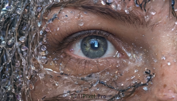 1girl,solo,looking at viewer,blue eyes,black hair,green eyes,water,blurry,eyelashes,portrait,close-up,reflection,water drop,eye focus,bangs,depth of field