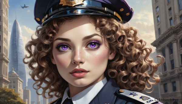 1girl,solo,looking at viewer,brown hair,hat,purple eyes,outdoors,sky,day,collared shirt,cloud,uniform,tree,lips,military,eyelashes,makeup,wavy hair,lipstick,building,portrait,peaked cap,freckles,curly hair,city,realistic,aircraft,airplane,police,police uniform,policewoman,police hat,long hair,shirt,parted lips,close-up,eyeshadow,skyscraper