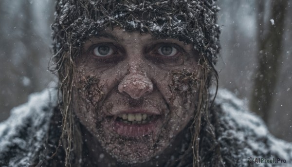 solo,looking at viewer,open mouth,brown hair,1boy,male focus,outdoors,teeth,dark skin,blurry,black eyes,grey eyes,depth of field,blurry background,portrait,snow,snowing,realistic,winter,black hair,parody