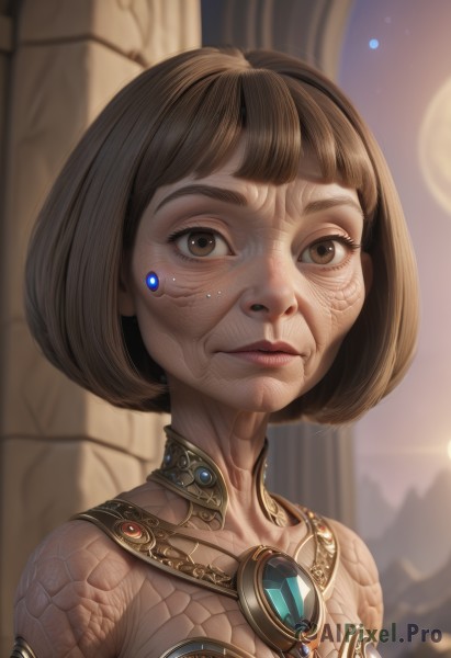 1girl,solo,breasts,looking at viewer,short hair,bangs,brown hair,brown eyes,jewelry,closed mouth,upper body,blunt bangs,blurry,lips,blurry background,bob cut,gem,portrait,science fiction,realistic,nose,collarbone,sky,artist name,eyelashes,facepaint