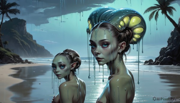 breasts,looking at viewer,short hair,blue eyes,multiple girls,brown hair,2girls,jewelry,medium breasts,closed mouth,upper body,nude,earrings,outdoors,pointy ears,looking back,signature,water,hair bun,tree,lips,wet,colored skin,monster girl,dual persona,partially submerged,rain,rock,nose,palm tree,wet hair,long hair,hair ornament,dark-skinned female,ocean,beach,covering breasts,alien