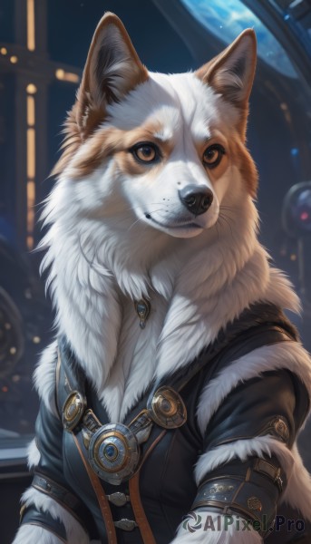 solo,looking at viewer,brown eyes,jewelry,jacket,upper body,belt,artist name,signature,fur trim,no humans,animal,furry,colored sclera,dog,space,animal focus,white fur,planet,earth (planet),clothed animal,fluffy,realistic,fantasy