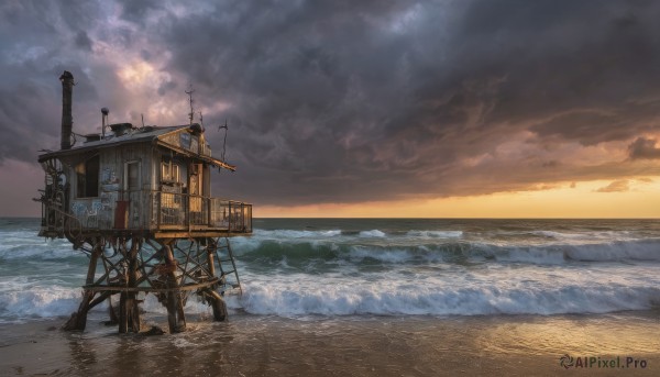 outdoors,sky,cloud,water,no humans,ocean,beach,cloudy sky,scenery,sunset,sand,horizon,watercraft,ship,waves,smokestack,shore,ladder,military,sunlight,turret,evening