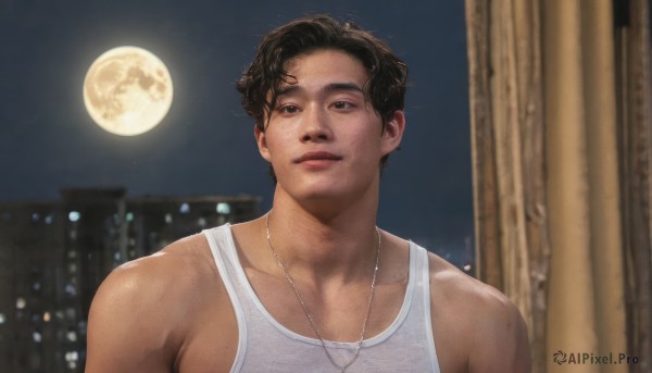 solo,looking at viewer,smile,short hair,brown hair,shirt,black hair,1boy,jewelry,white shirt,upper body,male focus,outdoors,sky,dark skin,necklace,blurry,black eyes,night,blurry background,moon,tank top,building,night sky,full moon,freckles,city,realistic,white tank top,bare shoulders,parted lips,lips,window,looking up,curtains,portrait