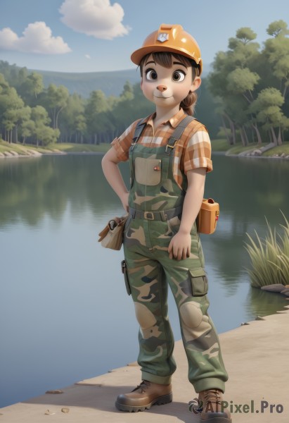 1girl,solo,looking at viewer,smile,short hair,brown hair,shirt,hat,brown eyes,closed mouth,standing,full body,ponytail,short sleeves,boots,outdoors,sky,day,collared shirt,belt,pants,cloud,water,uniform,tree,blue sky,hand on hip,plaid,military,military uniform,brown footwear,helmet,grass,child,nature,furry,reflection,pouch,furry female,female child,overalls,camouflage,plaid shirt,river,lake,binoculars,soldier,pond