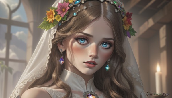 1girl,solo,long hair,looking at viewer,blue eyes,brown hair,hair ornament,bare shoulders,jewelry,flower,earrings,parted lips,teeth,cloud,indoors,hair flower,blurry,lips,eyelashes,window,depth of field,blurry background,gem,portrait,veil,freckles,candle,bridal veil,blue gemstone,church,blush,bangs,sky,day,parted bangs,leaf,wavy hair,cloudy sky,close-up,realistic,yellow flower,nose,head wreath,candlestand,candlelight