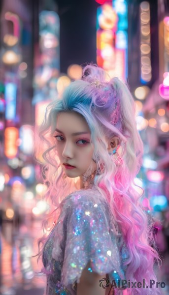 1girl,solo,long hair,breasts,looking at viewer,blue eyes,hair ornament,dress,jewelry,closed mouth,blue hair,upper body,ponytail,pink hair,white hair,short sleeves,multicolored hair,earrings,outdoors,necklace,blurry,from side,two-tone hair,lips,see-through,looking to the side,gradient hair,makeup,depth of field,blurry background,wavy hair,lipstick,gem,eyeshadow,red lips,bokeh,parted lips,choker,pointy ears,artist name,eyelashes,night,tiara,high ponytail,forehead,realistic,nose