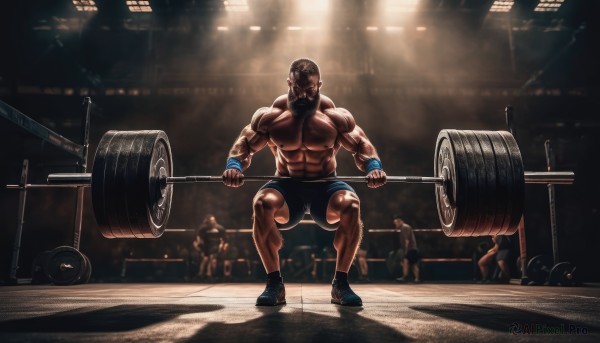 solo,black hair,1boy,male focus,multiple boys,shoes,shorts,solo focus,pointy ears,indoors,dark skin,muscular,facial hair,abs,dark-skinned male,pectorals,muscular male,wristband,sneakers,bara,beard,veins,topless male,mature male,bald,manly,biceps,exercise,ceiling light,gym,weightlifting,sweat,squatting,light,spotlight,wrestling ring