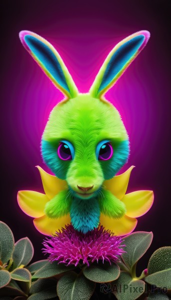 solo,looking at viewer,simple background,animal ears,closed mouth,purple eyes,full body,flower,pink eyes,rabbit ears,gradient,gradient background,pokemon (creature),no humans,leaf,plant,black background,purple background,rabbit,realistic,animal focus,straight-on,glowing,bird,animal,watermark,pink background