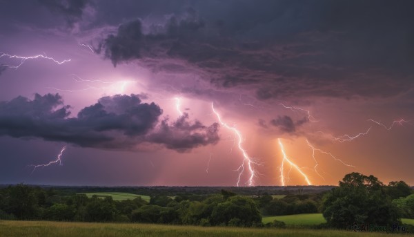 outdoors,sky,cloud,tree,no humans,cloudy sky,grass,nature,scenery,forest,sunset,mountain,electricity,road,lightning,landscape,purple sky,horizon