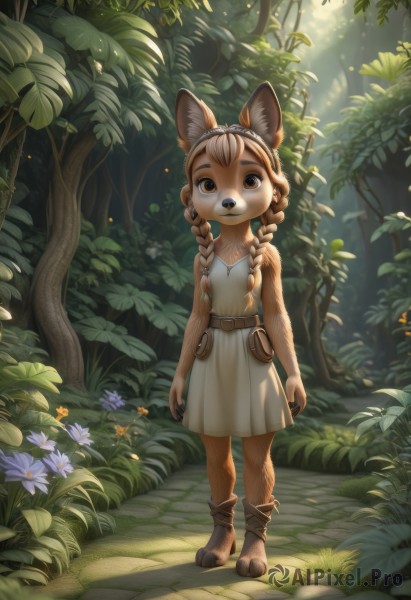 1girl,solo,long hair,looking at viewer,bangs,brown hair,dress,animal ears,bare shoulders,brown eyes,standing,tail,full body,braid,flower,boots,outdoors,sleeveless,day,belt,artist name,white dress,twin braids,flat chest,tree,animal ear fluff,sunlight,grass,plant,child,nature,hair over shoulder,claws,furry,forest,light rays,fantasy,furry female,arms at sides,female child,body fur,animal nose,brown fur,path,twintails,collarbone,barefoot,signature,sleeveless dress,leaf,bug,extra ears,pouch,purple flower,bush,sunbeam,belt pouch