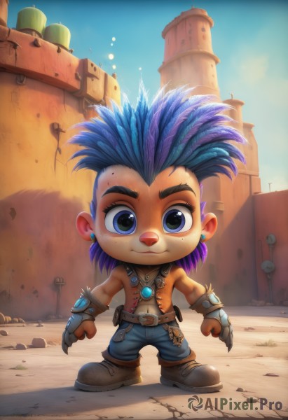 solo,looking at viewer,smile,blue eyes,gloves,1boy,jewelry,closed mouth,blue hair,standing,full body,purple hair,male focus,multicolored hair,earrings,boots,outdoors,sky,shoes,day,belt,pants,artist name,signature,necklace,chibi,blue sky,brown footwear,piercing,thick eyebrows,feathers,denim,spiked hair,gem,ear piercing,child,claws,furry,buckle,freckles,topless male,blue pants,stud earrings,male child,1girl,short hair,navel,two-tone hair,gauntlets,building,mohawk