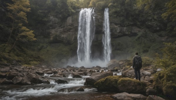 solo, 1boy, male focus, outdoors, water, from behind, tree, nature, scenery, forest, river, waterfall