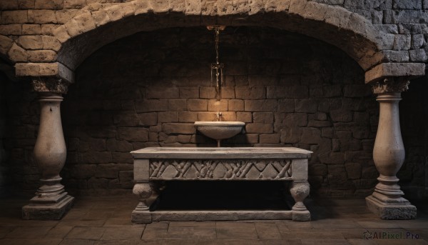 indoors,no humans,scenery,stairs,candle,wall,brick wall,pillar,candlestand,stone floor,chain,still life,arch,chandelier,column,stone wall,brick floor