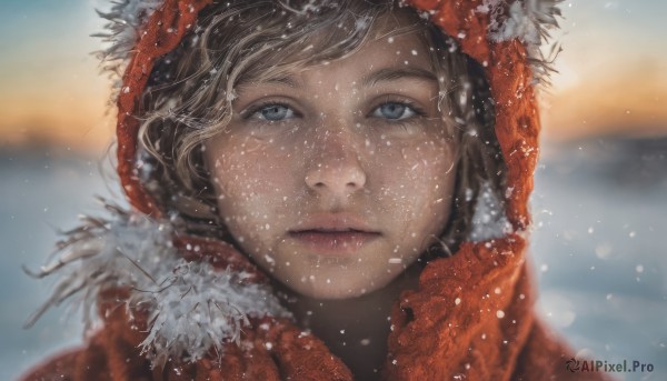 1girl, solo, looking at viewer, short hair, blue eyes, brown hair, closed mouth, blurry, lips, fur trim, blurry background, expressionless, portrait, snow, snowing, realistic, nose, winter