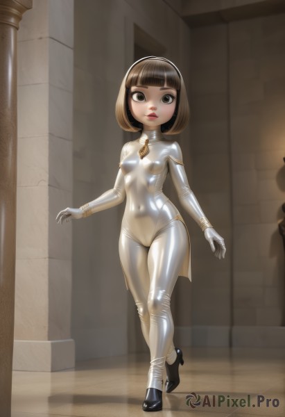 1girl,solo,breasts,looking at viewer,short hair,bangs,brown hair,gloves,brown eyes,jewelry,standing,full body,hairband,small breasts,shiny,indoors,white gloves,blunt bangs,high heels,covered nipples,lips,bodysuit,covered navel,cameltoe,bob cut,skin tight,walking,shiny clothes,red lips,white bodysuit,latex,latex bodysuit,loli