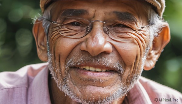 solo,looking at viewer,smile,shirt,1boy,white hair,grey hair,male focus,parted lips,glasses,teeth,grin,blurry,depth of field,blurry background,facial hair,portrait,beard,close-up,realistic,round eyewear,mustache,labcoat,old,old man,wrinkled skin,open mouth,hat,artist name,signature,lips,thick eyebrows,nose,manly