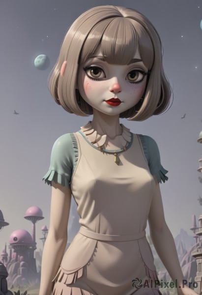 1girl,solo,breasts,looking at viewer,blush,short hair,bangs,brown hair,shirt,dress,brown eyes,jewelry,closed mouth,standing,collarbone,short sleeves,small breasts,outdoors,sky,artist name,blunt bangs,necklace,white dress,lips,makeup,night,bird,moon,bob cut,thick eyebrows,lipstick,building,star (sky),night sky,eyeshadow,starry sky,freckles,arms at sides,red lips,upper body,planet