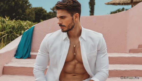 solo,short hair,brown hair,shirt,1boy,navel,jewelry,nipples,white shirt,upper body,male focus,earrings,outdoors,open clothes,day,collared shirt,dark skin,necklace,stomach,tree,looking to the side,open shirt,muscular,facial hair,abs,dark-skinned male,pectorals,muscular male,bara,beard,large pectorals,mature male,realistic,undercut,chest hair,pectoral cleavage,navel hair,black hair,closed mouth,jacket,closed eyes,open jacket,cross,belly,bare pectorals