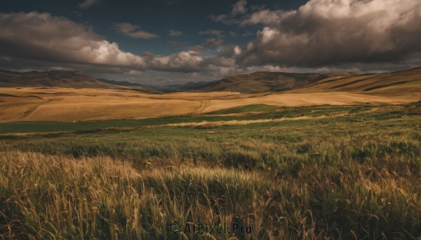 outdoors,sky,day,cloud,blue sky,no humans,cloudy sky,grass,nature,scenery,mountain,field,landscape,mountainous horizon,hill