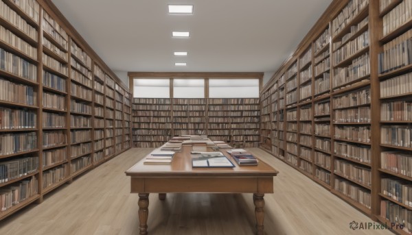 indoors,book,no humans,window,chair,table,scenery,wooden floor,bookshelf,shelf,book stack,library,ladder,desk,paper,open book,realistic,reflective floor