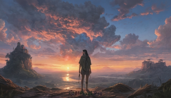 1girl,solo,long hair,shirt,black hair,holding,standing,white shirt,short sleeves,outdoors,sky,shorts,barefoot,cloud,water,ocean,sunlight,cloudy sky,grass,scenery,sunset,rock,mountain,sun,horizon,wide shot,twilight,evening,weapon,tree