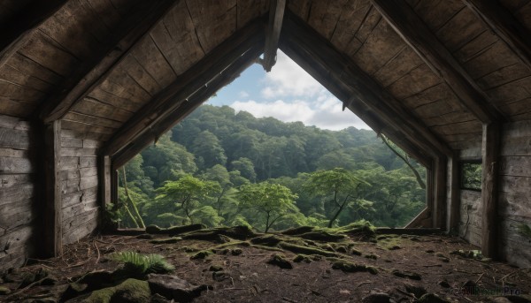 outdoors,sky,day,cloud,tree,blue sky,dutch angle,no humans,cloudy sky,grass,nature,scenery,forest,rock,ruins,landscape,moss,plant,mountain