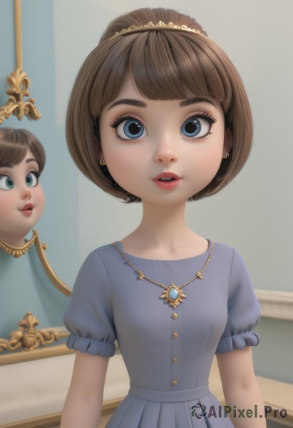 1girl,solo,looking at viewer,short hair,open mouth,bangs,blue eyes,brown hair,dress,jewelry,upper body,short sleeves,earrings,small breasts,parted lips,teeth,puffy sleeves,indoors,necklace,puffy short sleeves,lips,eyelashes,makeup,blue dress,tiara,child,freckles,reflection,mirror,female child,grey dress,breasts,hair ornament,green eyes,collarbone,frilled sleeves,gem,realistic,stud earrings